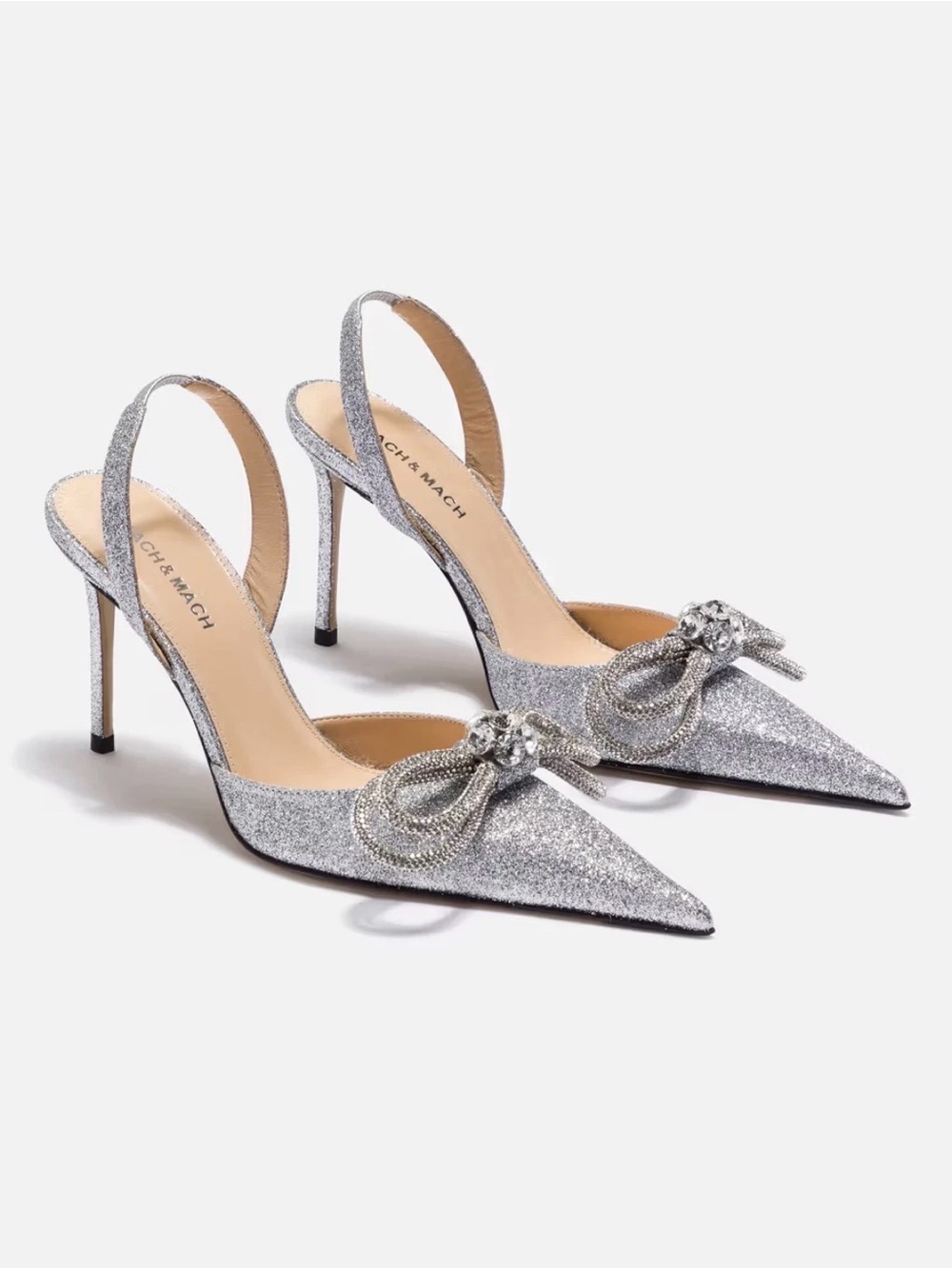 NEW Mach Mach Double Bow Silver Glitter Slingback Heels